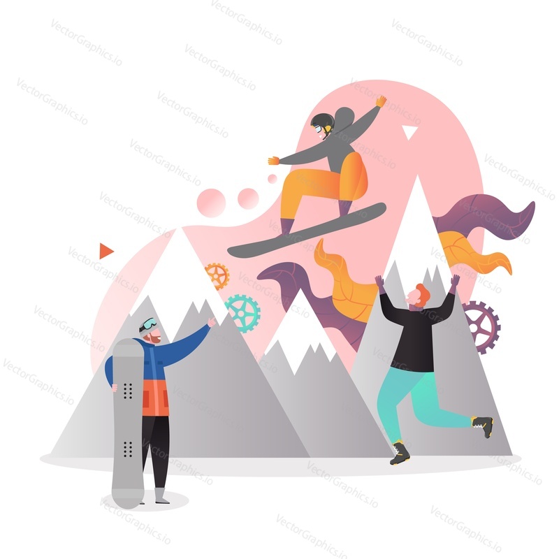 Jumping snowboarder, vector illustration. Snowboarder riding down mountain covered with snow. Winter extreme sport, recreational outdoor activity concept for web banner, website page etc.