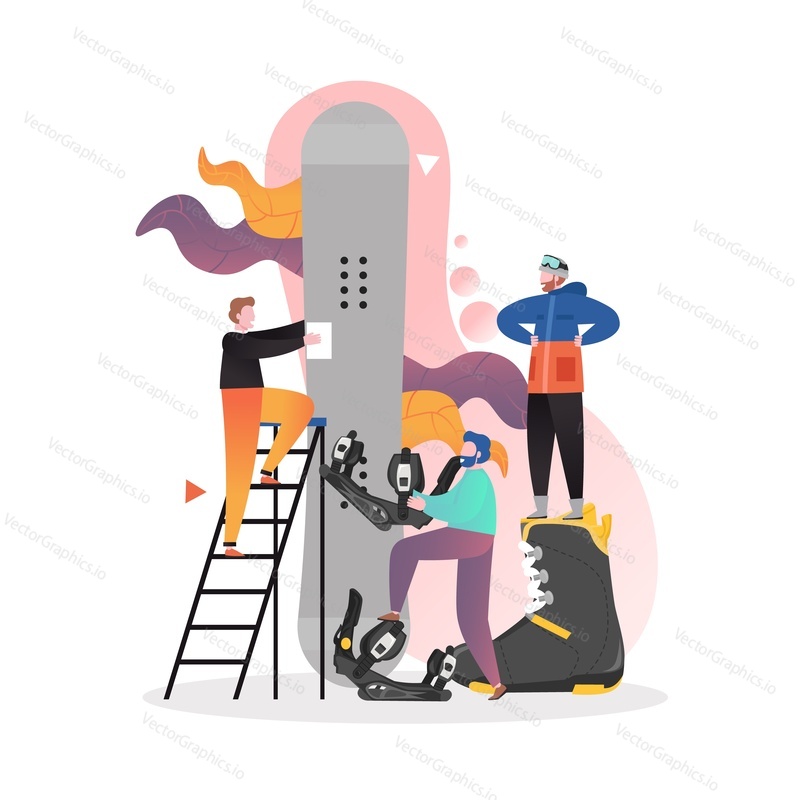 Snowboarding equipment and gear, vector illustration. Snowboarder male cartoon character preparing to go snowboarding, choosing snowboard bindings.
