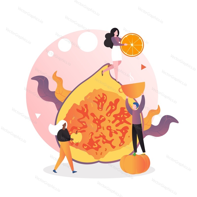 Huge sweet, succulent half fig fruit and micro male and female characters with orange and apple, vector illustration. Autumn seasonal healthy food, harvest festival concept for web banner website page