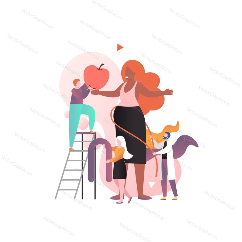 Medical checkup and antenatal care of pregnant woman in clinic, vector Illustration. Doctor measuring expectant girl belly with tape. Maternal health services, healthcare, childbearing concept.
