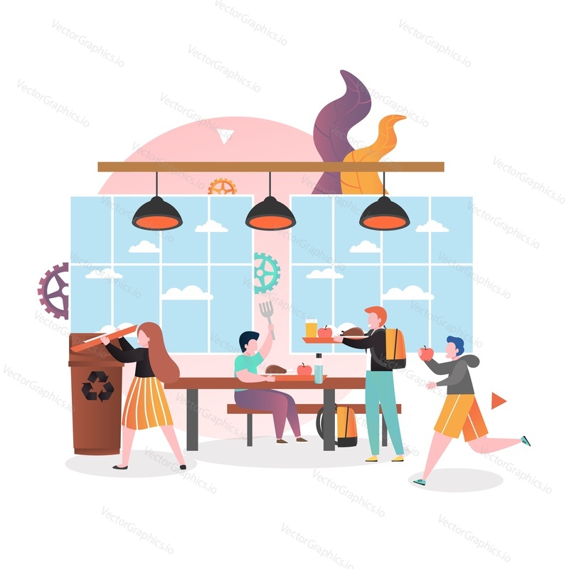 Pupils, students boys and girls cartoon characters having lunch in school cafeteria, vector illustration. School canteen service concept for web banner, website page etc.