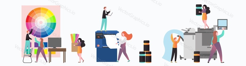 Typography workflow set, vector illustration. Printing house equipment printers, inks, palette, male and female characters workers and clients. Print shop services, polygraphy for banner, website page