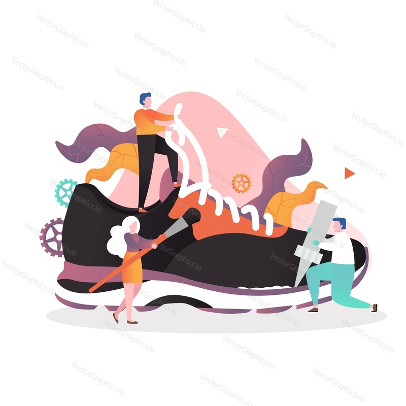 Micro male and female characters designing new running shoe, lacing, painting and gluing huge sneaker, vector illustration. Sports shoes manufacturing process, footwear production concept.