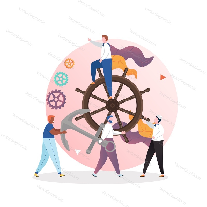 Huge steering wheel and micro male characters sailors sitting on helm, carrying big anchor, vector illustration. Sailing, navigation, maritime, travel by ship concept for web banner, website page etc.