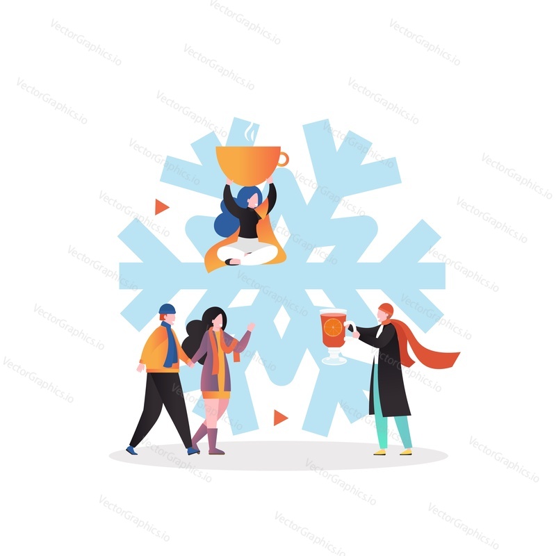 Huge snowflake, happy micro male and female characters drinking hot tea, warming mulled wine, vector illustration. Winter season fun concept for web banner, website page etc.