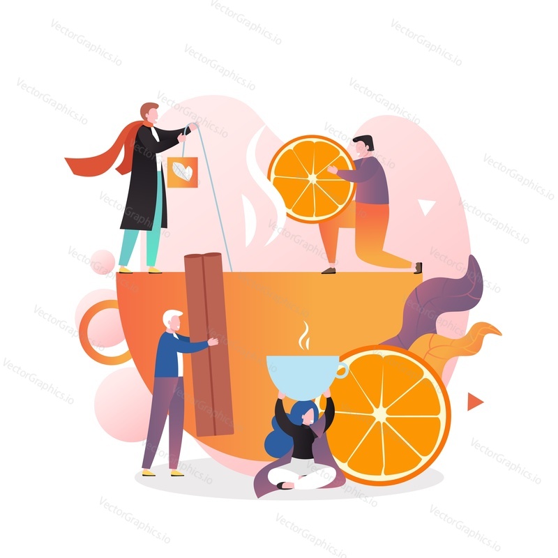 Cold winter season hot drinks, vector illustration. Micro male characters preparing huge cup of tea. Tea party, hot beverage for cold winter days.