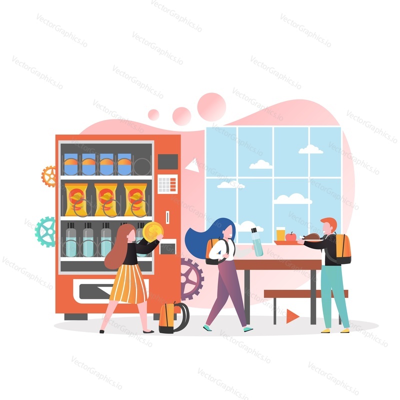 Pupils, students boys and girls cartoon characters buying snack food and drinks from vending machine in school cafeteria, vector illustration. School canteen service concept for banner, website page.
