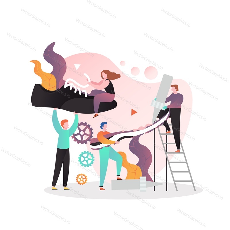 Shoe factory workers micro male and female characters making huge sneaker, vector illustration. Sports shoes manufacturing process, footwear production concept for web banner, website page etc.