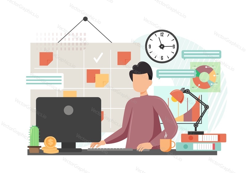 Businessman working on computer, scrum task board with stickers and work done check mark, charts, clock behind him, vector flat style design illustration. Office work, workplace, workspace.