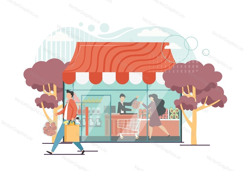 Grocery shop with seller cashier male and shopper female buying apples, vector flat style design illustration. Grocery store, supermarket.