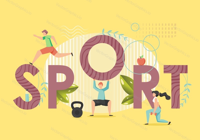 Sport in capital letters, fitness people male and female characters training with dumbbells, kettlebell, running, vector flat style design illustration. Sport and healthy lifestyle, fitness gym.