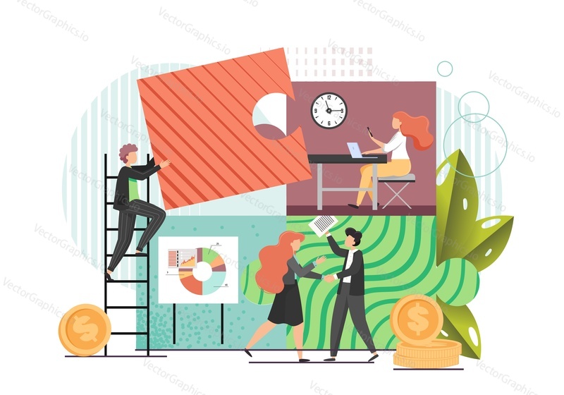 Business people working together as team in office, meeting with partners, vector flat style design illustration. Creative team work, communication, collaboration.