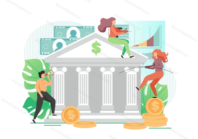 Bank building, male and female characters worker, clients, money, vector flat style design illustration. Banking and finance, reliable money savings, bank deposits, investments, loans concepts.