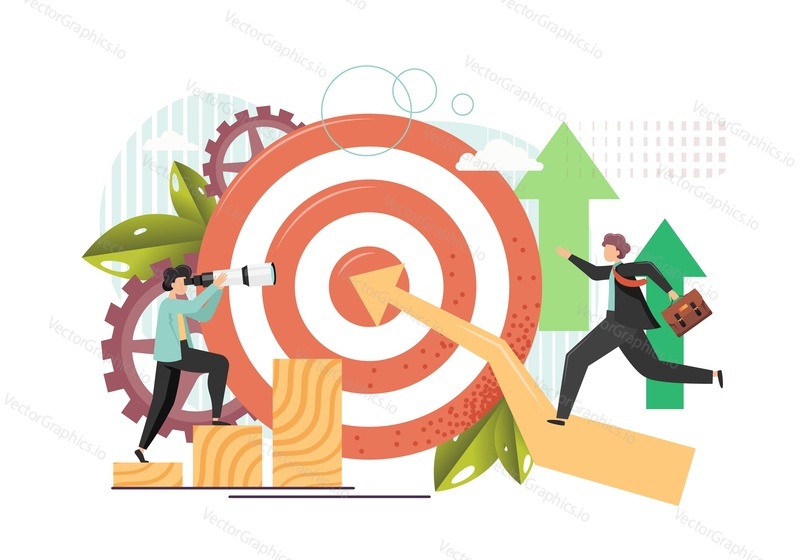 Business people running to target, looking through telescope, vector flat style design illustration. Reach the target, path to success, goal achievement, business vision.