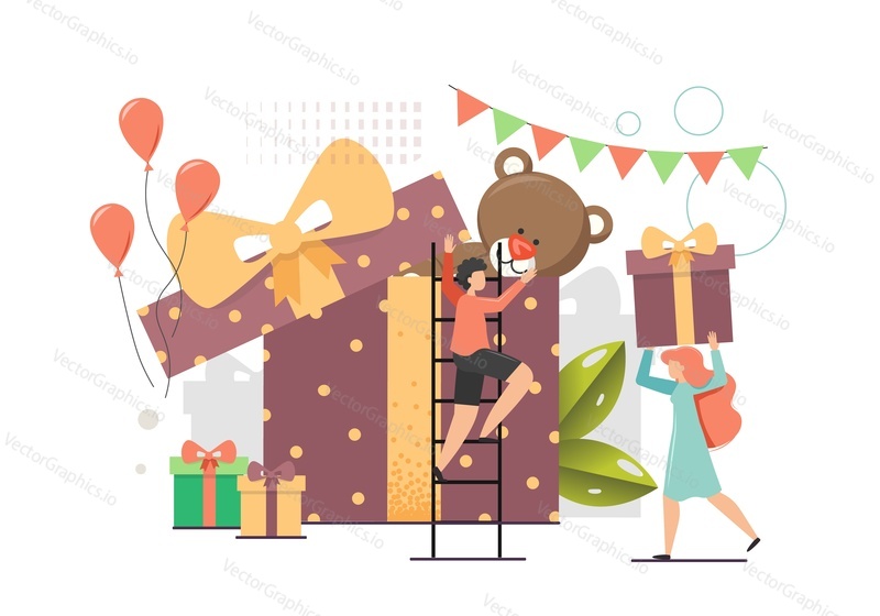Happy people, micro male and female characters giving and receiving presents in huge gift boxes, vector flat style design illustration. Surprise gift box, party celebration concept.