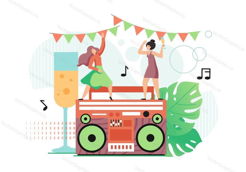 Dance party. Two girls dancing on huge retro record player, vector flat style design illustration. Retro disco party, night club, nightlife.