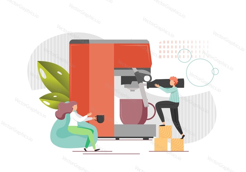 Barista preparing coffee for young woman using huge coffee maker, vector flat style design illustration. Coffee shop, coffeehouse.