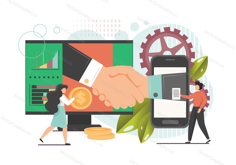 Business people signing online contract using desktop computer mobile phone, shaking hands, vector flat illustration. Virtual business agreement, successful partnership handshake, online communication