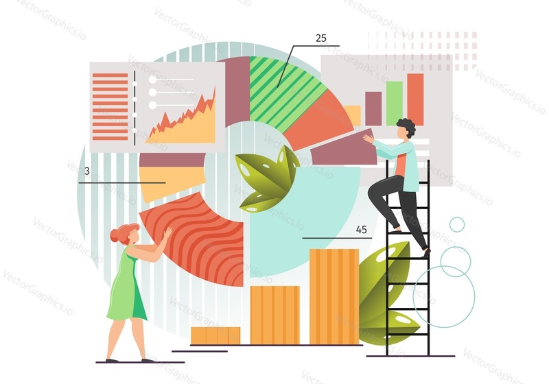 Micro male and female characters office people building huge pie chart, collecting statistical data and making report, presentation, vector flat illustration. Schedule, data collection and analysis.