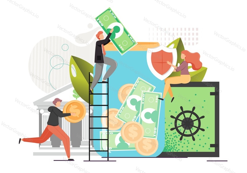 Micro male characters business people putting money dollar coins and banknotes into huge jar, woman holding shield, vector flat illustration. Investments, reliable bank deposits, money savings in bank