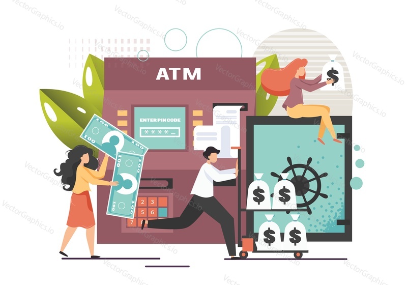 ATM machine vector flat illustration. Male and female characters withdrawing cash, performing other financial transactions such as cash deposits, transfer funds using ATM, automatic banking machine.