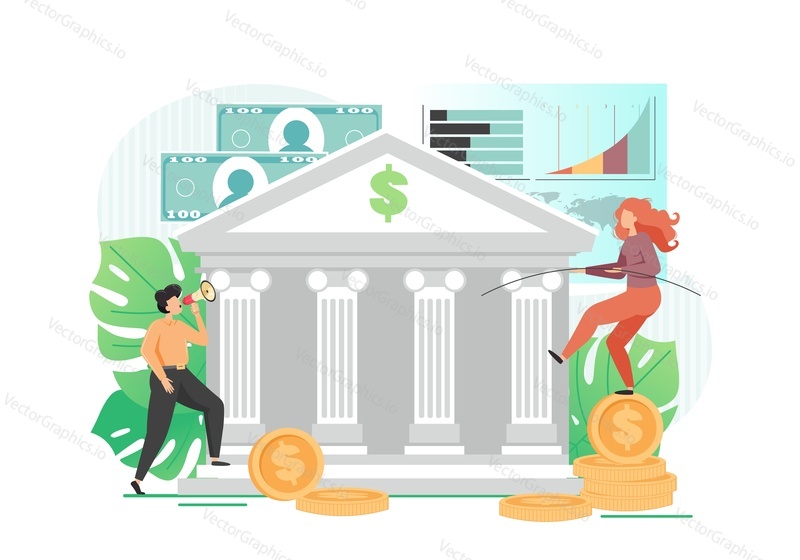 Bank building, man with megaphone attracting financial resources, happy woman balancing on one leg on dollar coin, vector flat illustration. Deposits promotion, banking business, bank services.