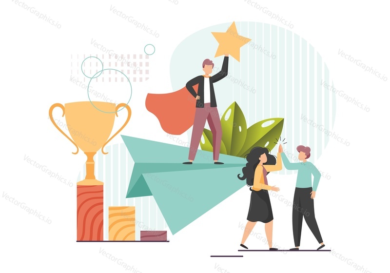 Business hero leader with star and his team celebrating victory, vector flat style design illustration. Goal achievement, business team success.