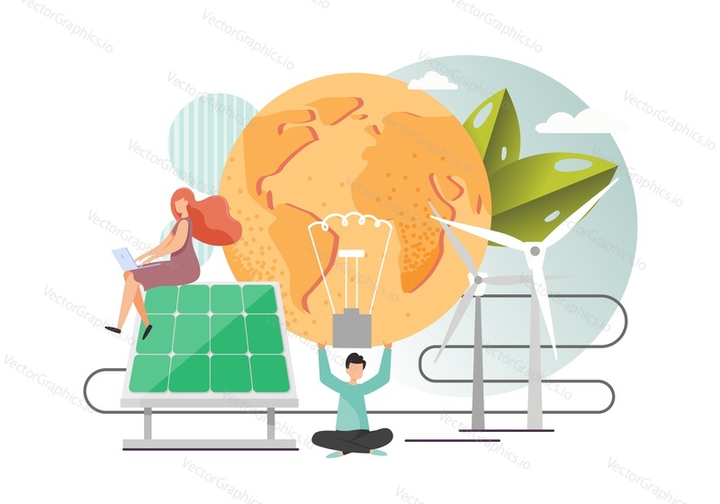 Solar panels, wind turbines, male and female characters and Earth globe, vector flat style design illustration. Renewable green solar energy and eco planet concept for web banner, website page etc.