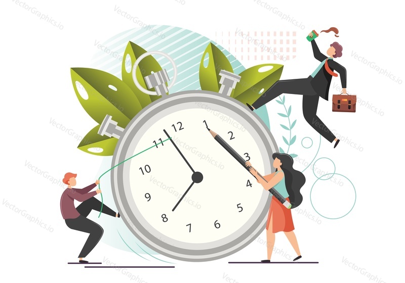 Huge stopwatch, male and female characters rushing to work, trying to stop time, vector flat style design illustration. Deadline and time management concept for web banner, website page etc.