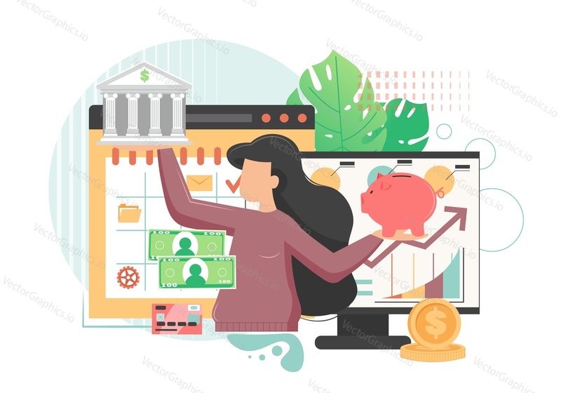 Woman holding bank building in one hand and money box in another. Banking and finance concept. Vector flat style design illustration. Money savings, online deposits, internet banking concept.