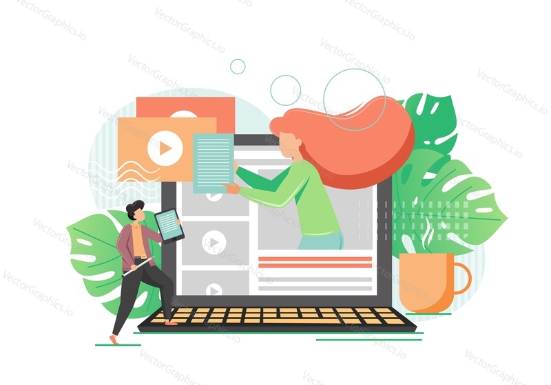 Student watching lecture online with teacher on laptop screen, vector flat style design illustration. Webinar, web seminar or workshop, distance learning, education, online video course.