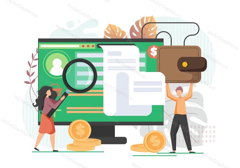 Micro male and female characters using huge desktop computer for online money transfer from bank account, vector flat style design illustration. Online banking concept for web banner, website page etc