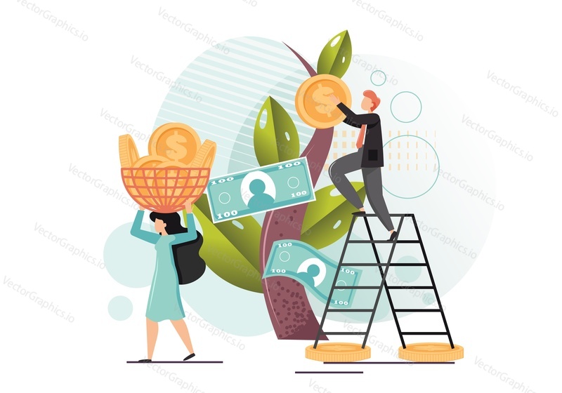 Business people harvesting money while picking dollar coins and banknotes from money tree, vector flat illustration. Financial growth, profit, business success, wealth concept.