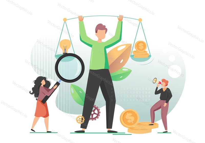 Happy man holding balance scales with lamp and dollar coins on scalepans, vector flat style design illustration. Making money with creative idea or invention. Idea is money business concept.
