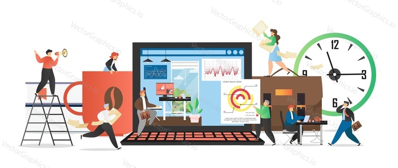 Business people in different office situations, vector flat illustration. Miniature male and female characters working on laptop, taking coffee break. Office daily routine, time management composition