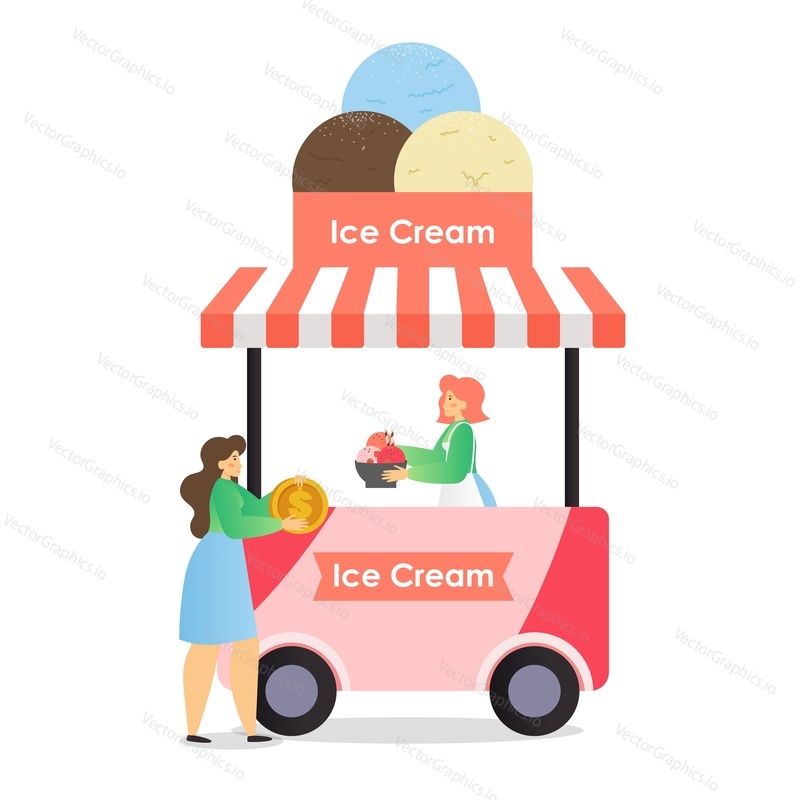 Street ice cream cart with awning, vendor female selling frozen dessert to young woman, vector flat illustration. Mobile ice cream truck business.