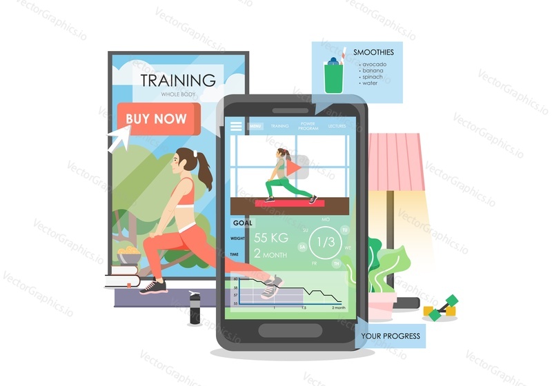 Young woman training together with online personal trainer, vector flat illustration. Fitness and weight loss mobile app, healthy diet, fitness goals and progress tracking, etc.