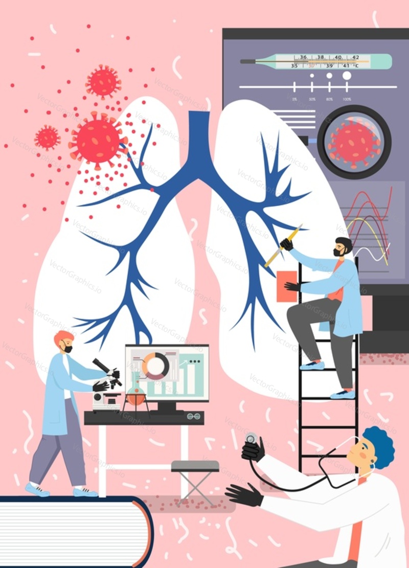 Lab professionals studying corona virus, vector flat illustration. Medical scientists inspecting human lungs infected by respiratory corona virus, developing vaccine, working with patient specimens.