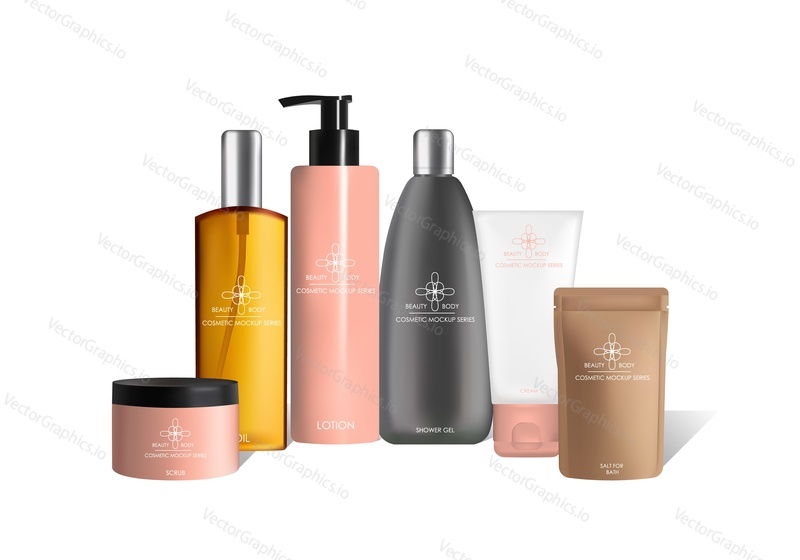 Body care cosmetics packaging vector mock up set. Realistic beauty and skin care products plastic containers bottle, tube, jar, stand up pouch bag for cream, shower gel lotion oil scrub salt for bath.