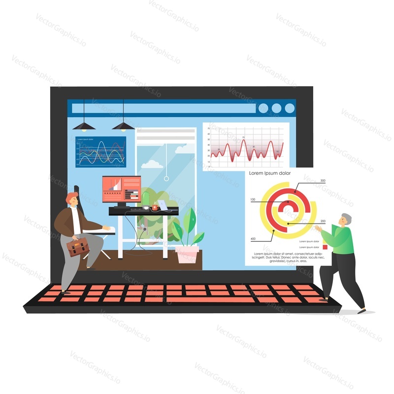 Miniature male characters office people building dashboard, walking to workplace on huge laptop screen, vector flat illustration. Data analysis, business analytics, office situations and daily routine