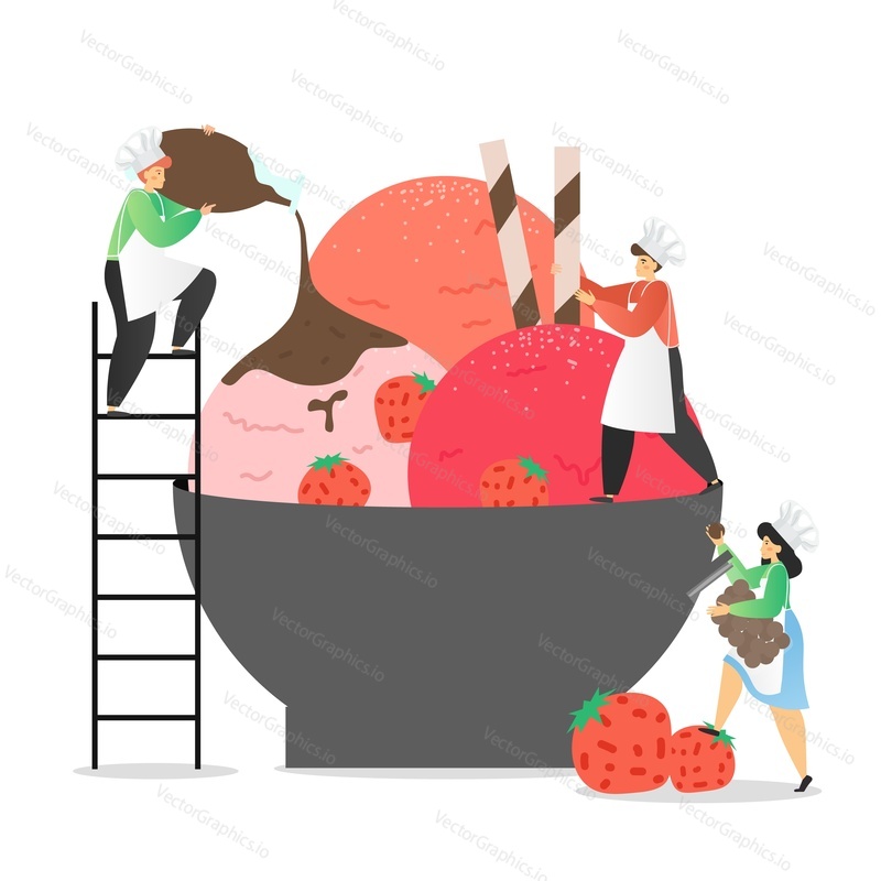 Miniature people male and female characters making delicious ice cream with strawberry and chocolate, vector flat illustration. Ice cream production and selling concept for poster, banner etc.
