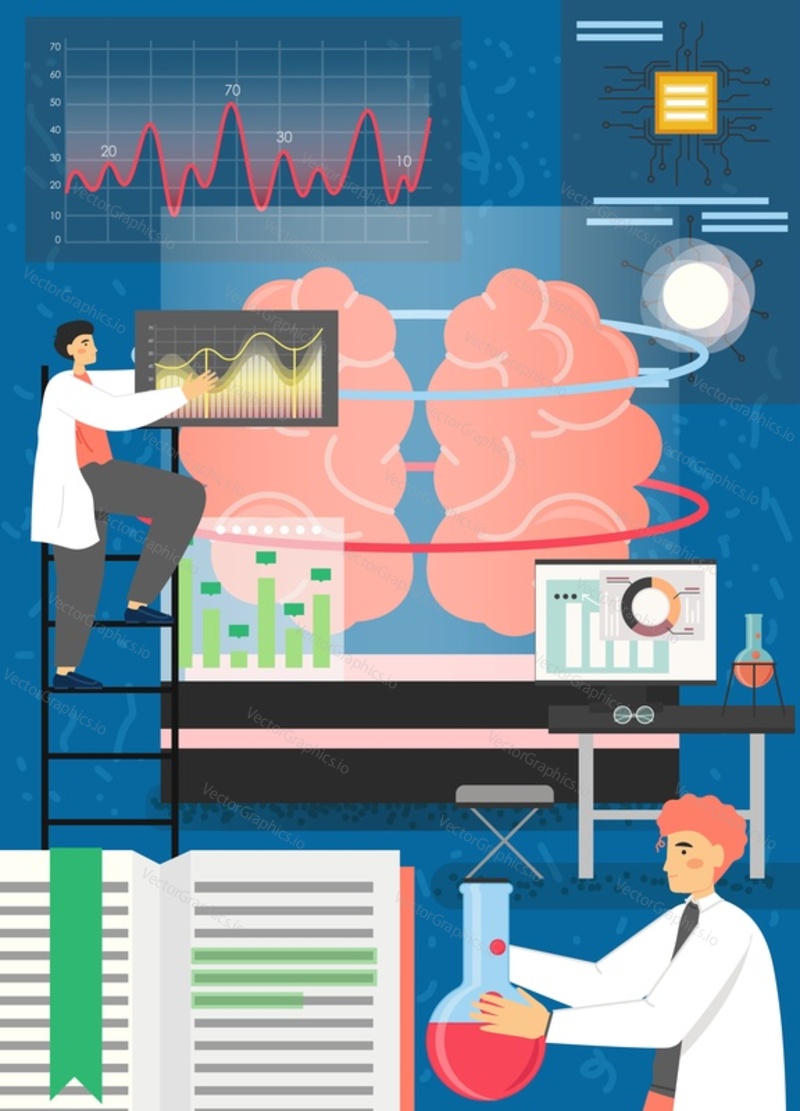 Artificial intelligence technology vector poster template. AI engineers scientists working in lab coats with human brain, computer chip. Digital brain development, engineering AI software.