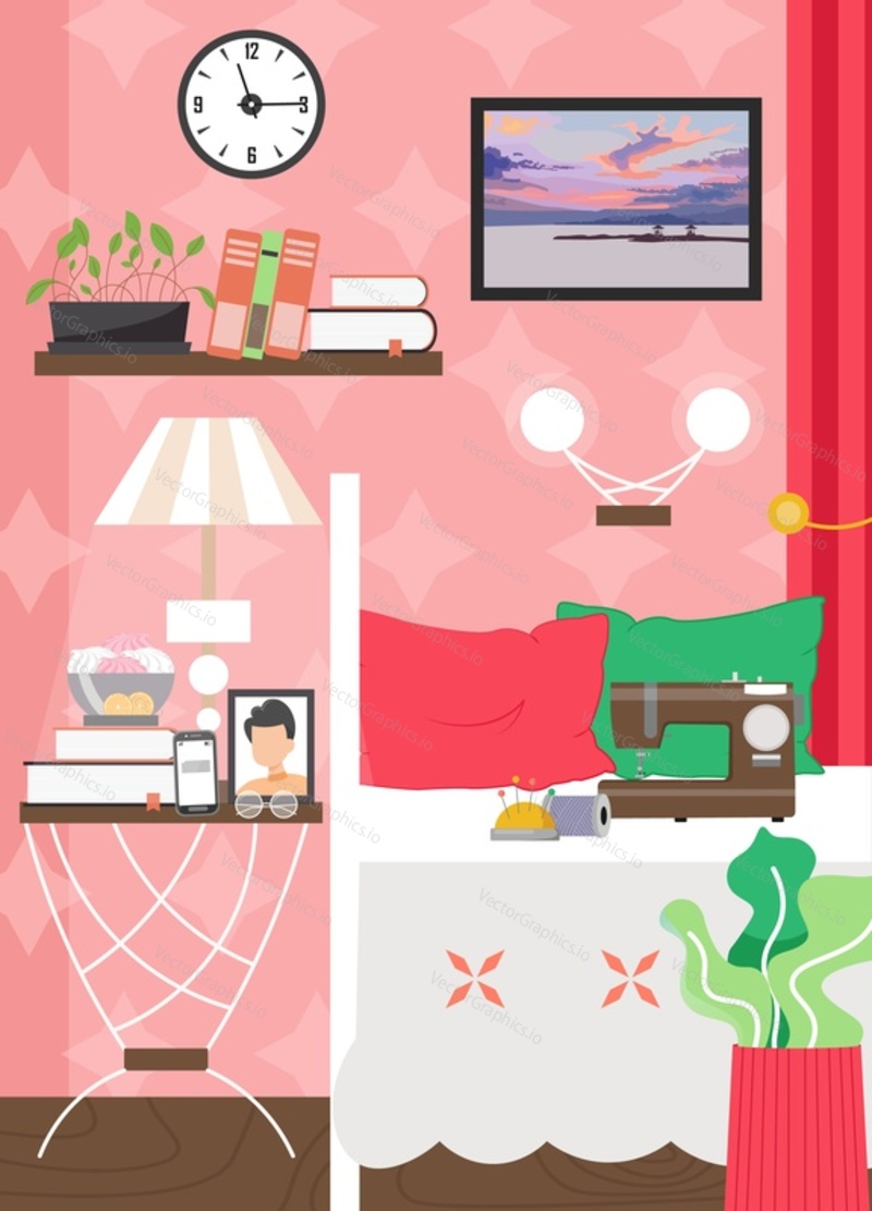 Adult female living room interior, vector flat illustration. Cozy room with furniture, books and houseplants on shelves, lamp, books, photo and mobile phone on night table, sewing machine etc.
