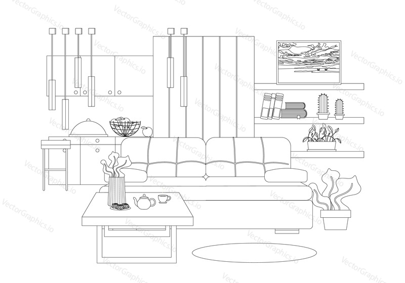 Studio apartment interior vector illustration in line art style. Sofa, coffee table, kitchen furniture, books and houseplants on shelves, picture on the wall. Cozy home interior design.