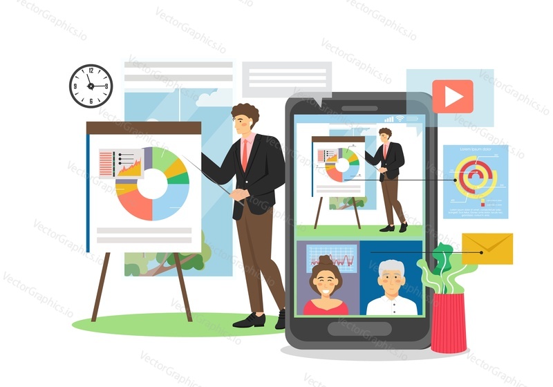 Businessman giving presentation pointing at pie diagram on flip chart, webinar on mobile device, vector flat illustration. Business seminar, lecture, video conferencing, online business team meeting.