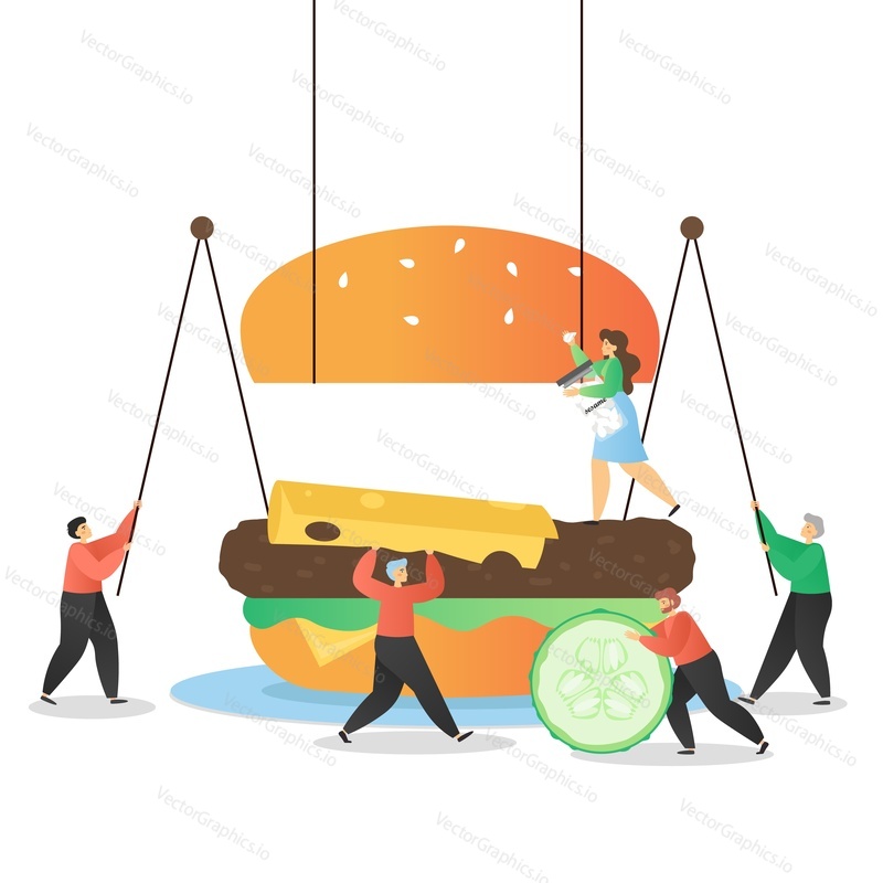 Miniature people chefs making huge delicious burger, vector flat illustration. Bun with ground beef patty, cheese, cucumber slice. Fast food restaurant, burger house services concept.