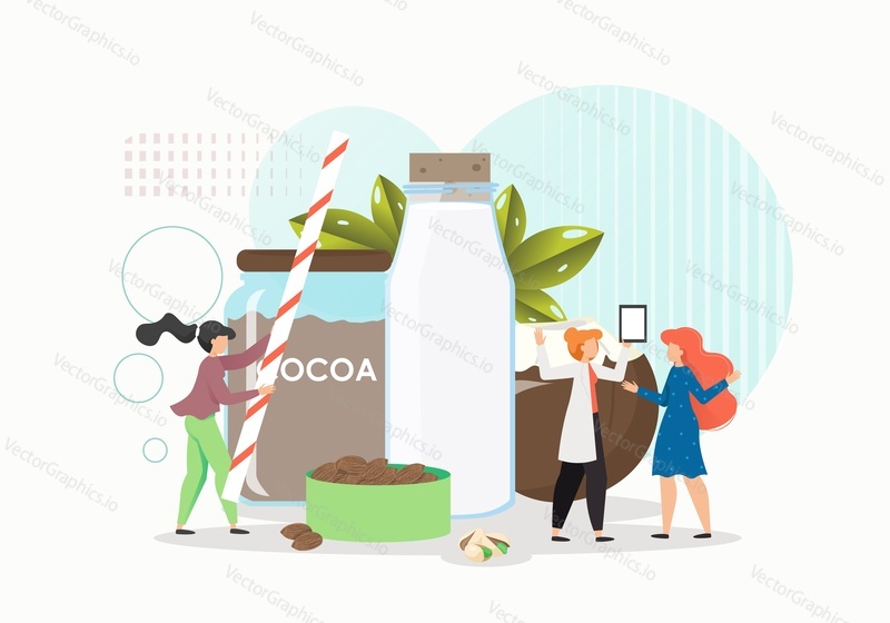 Female characters making chocolate, coconut and almond milk, flat vector illustration. Vegan plant based milk beverages. Organic lactose free healthy nutrition.
