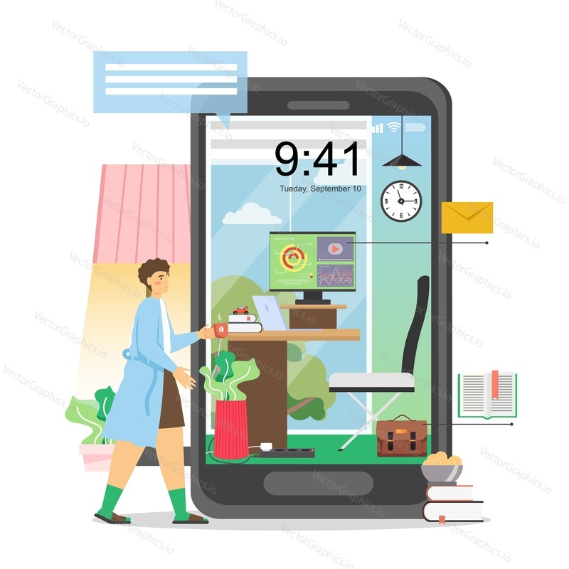 Workplace on huge smartphone screen and young girl with cup of coffee, vector flat illustration. Freelancer business woman working remotely from home due to coronavirus pandemic, quarantine. Stay home