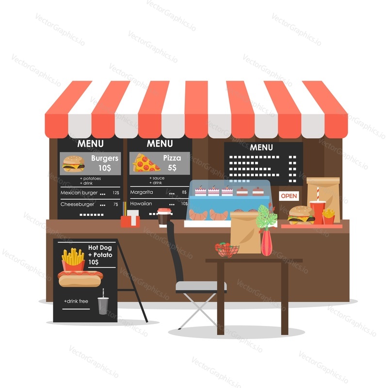 Street food kiosk, vector flat illustration. Fast food stall with takeaway price menu offering delicious burgers, pizza, french fries, donuts, croissants, hot dogs, sweet desserts and drinks.