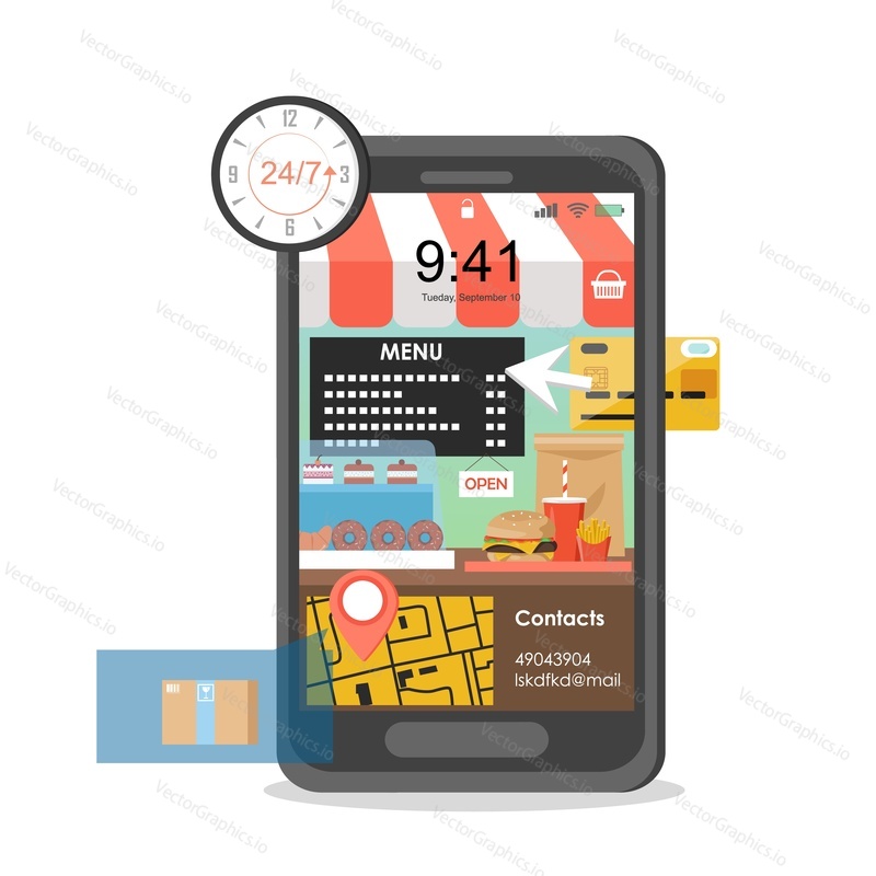 Huge smartphone with street food kiosk, credit card, navigation map on screen, vector flat illustration. Online fast food ordering and delivery, electronic payments with mobile phone.